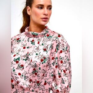 NWT ZARA FLORAL PRINT MOCK NECK BLOUSE TOP SIZE S SMALL $39.90 PINK COMBO